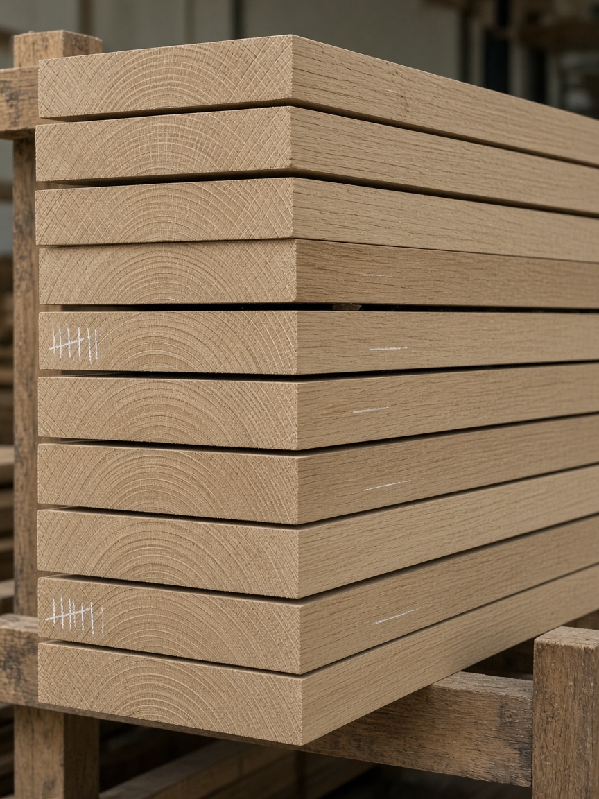 Stacked white oak boards in a rack