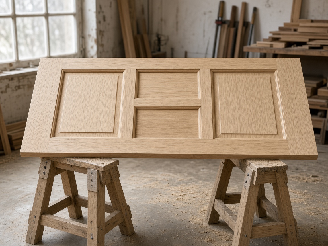 White oak door slab on sawhorses