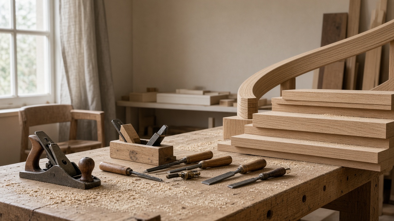 White oak stair parts on a woodworking bench