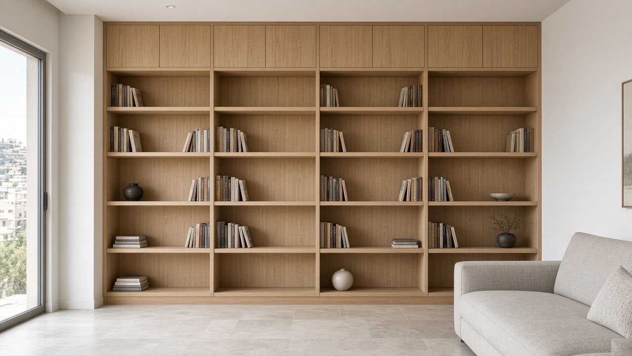 Floor-to-ceiling white oak library wall