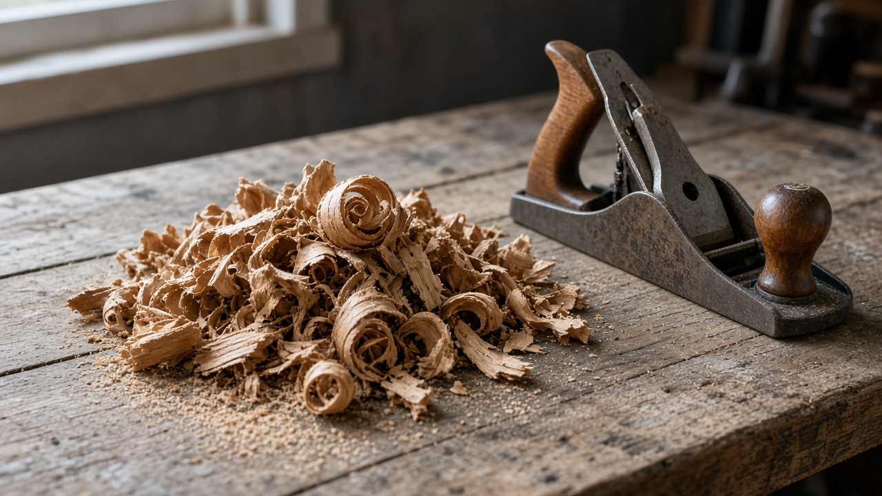 Oak shavings beside a hand plane